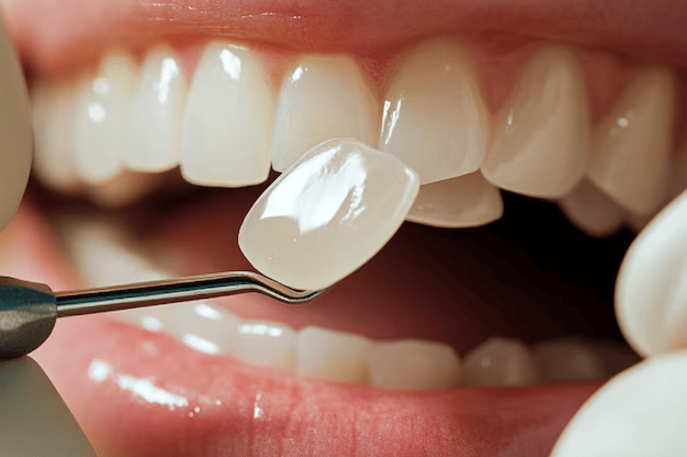 A dentist holding a porcelain veneer near natural teeth